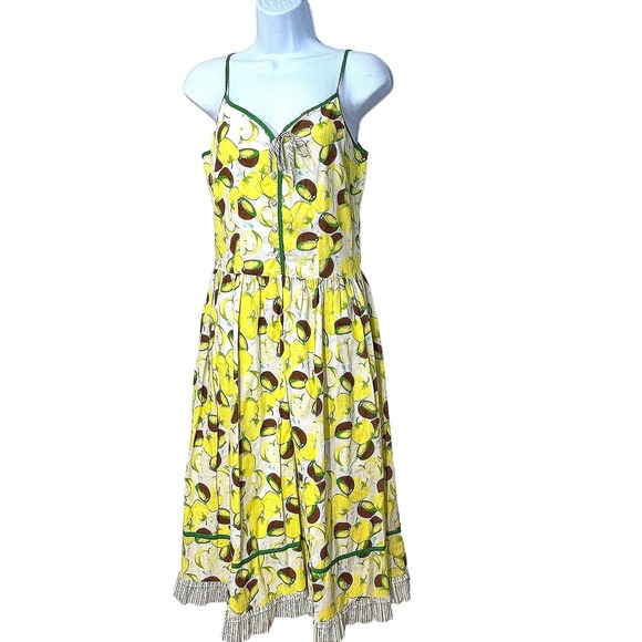 Vtg Y2K Fruit Print Midi Dress 6 Cottagecore Ruffle Garden Party 90s‎ Mod Picnic - Picture 1 of 13